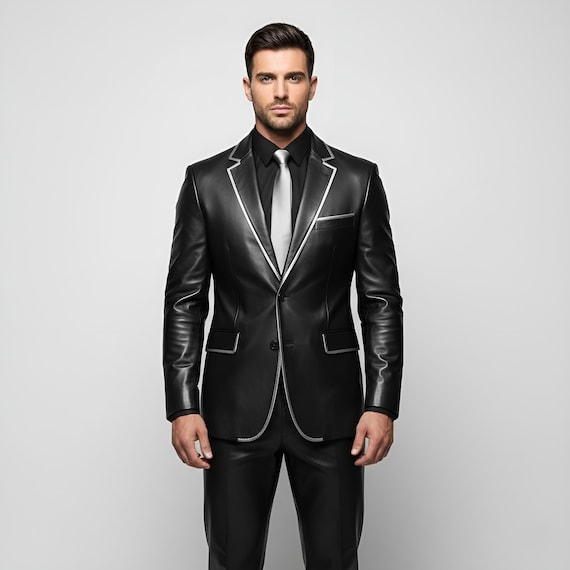 Men’s Black Leather Formal Blazer Jacket Custom Made Luxury Genuine Leather Suit Coat for Wedding Business Party Wear