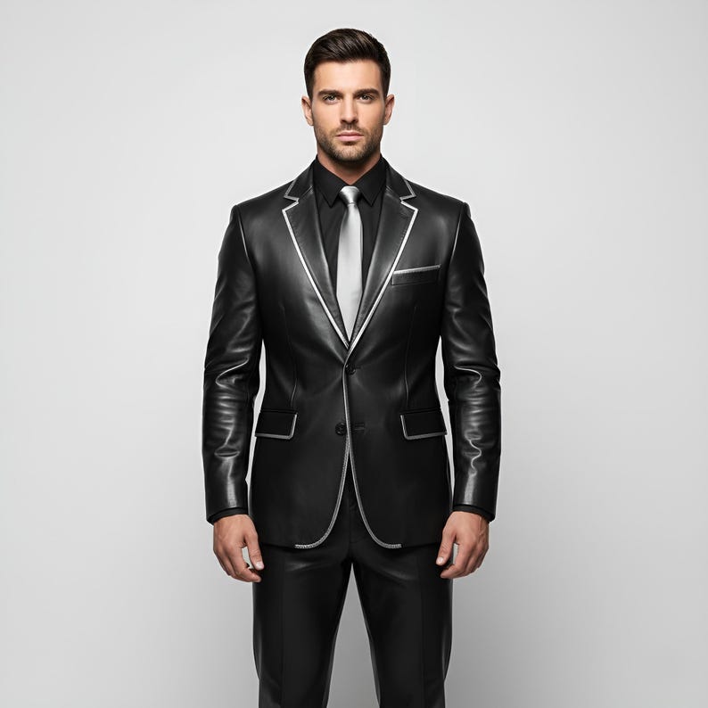 May include: A black leather suit with silver trim. The suit includes a blazer with a notched lapel, a chest pocket, and matching trousers. The suit is paired with a black dress shirt and a silver tie.