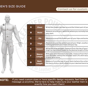 May include: A size guide for apparel, featuring a diagram of a human figure with labeled measurement points. Instructions are provided for chest, waist, hip, thigh, inseam, sleeve length, and back length measurements. The guide includes a note about custom sizes.