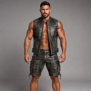 Herren-Bikerweste und Cargoshorts aus Used-Leder, Gothic-Streetwear-Outfit
