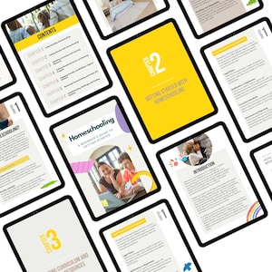 Puede incluir: Varias tabletas muestran p&aacute;ginas de una gu&iacute;a de educaci&oacute;n en casa. La portada de la gu&iacute;a presenta el t&iacute;tulo "Homeschooling: A Beginner's Guide to Getting Started". Otras p&aacute;ginas muestran t&iacute;tulos de cap&iacute;tulos y contenido.