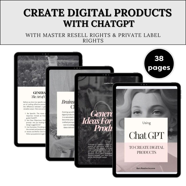 K&ouml;nnte beinhalten: Vier Tablets mit Inhalten zur Erstellung digitaler Produkte mit ChatGPT. Der Text oben lautet "CREATE DIGITAL PRODUCTS WITH CHATGPT". Die Tablets zeigen Inhalte zu Master-Resell-Rechten und Private-Label-Rechten.