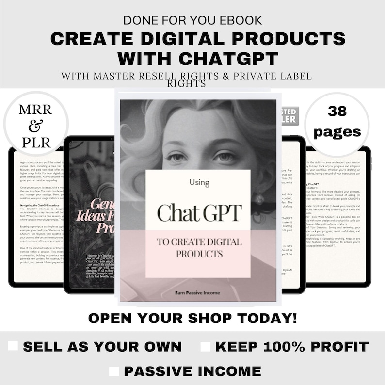 K&ouml;nnte beinhalten: Ein E-Book-Cover mit dem Titel "Create Digital Products with ChatGPT" mit dem Text "Done For You Ebook" und "With Master Resell Rights & Private Label Rights". Das Cover zeigt ein Frauenportr&auml;t und die Worte "Using Chat GPT to Create Digital Products."