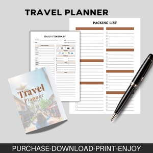 May include: A travel planner set with a cover featuring a photo of a person looking at a street scene. The set includes a daily itinerary and packing list, with a black pen resting on the side. The text "TRAVEL PLANNER" and "PACKING LIST" are visible.