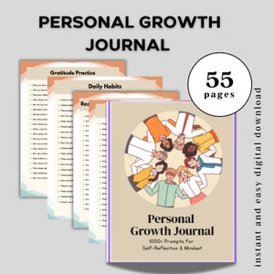 May include: A personal growth journal with a beige cover featuring a circular illustration of diverse people. The journal includes 1000+ prompts for self-reflection and mindset, with 55 pages. The text reads "Personal Growth Journal".
