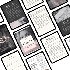 K&ouml;nnte beinhalten: Eine Ansammlung schwarzer Tablets, die digitale Produktleitf&auml;den anzeigen. Die Tablets zeigen Text und Bilder mit Titeln wie "Ideen f&uuml;r Wandkunst generieren" und "Chat GPT zur Erstellung digitaler Produkte verwenden."