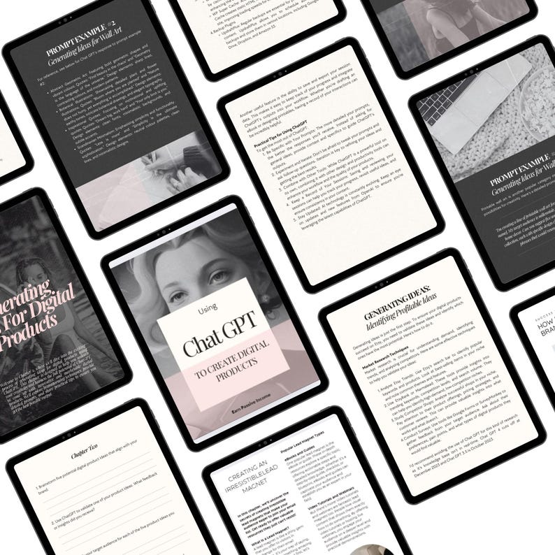 K&ouml;nnte beinhalten: Eine Ansammlung schwarzer Tablets, die digitale Produktleitf&auml;den anzeigen. Die Tablets zeigen Text und Bilder mit Titeln wie "Ideen f&uuml;r Wandkunst generieren" und "Chat GPT zur Erstellung digitaler Produkte verwenden."