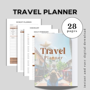 May include: A digital travel planner with 28 pages, featuring a cover image of a person looking at a street scene. The planner includes sections for budgeting, checklists, and daily itineraries. The words "Travel Planner" are prominently displayed.