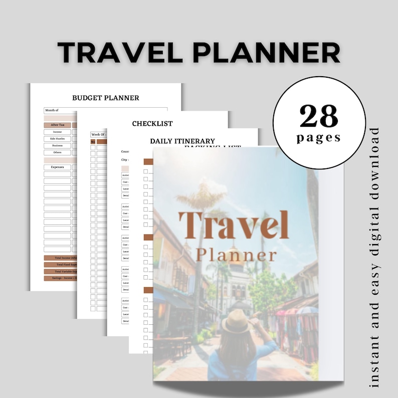 May include: A digital travel planner with 28 pages, featuring a cover image of a person looking at a street scene. The planner includes sections for budgeting, checklists, and daily itineraries. The words "Travel Planner" are prominently displayed.