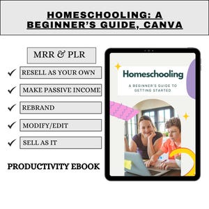 Puede incluir: Una tableta digital muestra un ebook titulado "Homeschooling: A Beginner's Guide to Getting Started". La imagen incluye texto sobre reventa, ingresos pasivos, cambio de marca y edici&oacute;n. El ebook se clasifica como un ebook de productividad.
