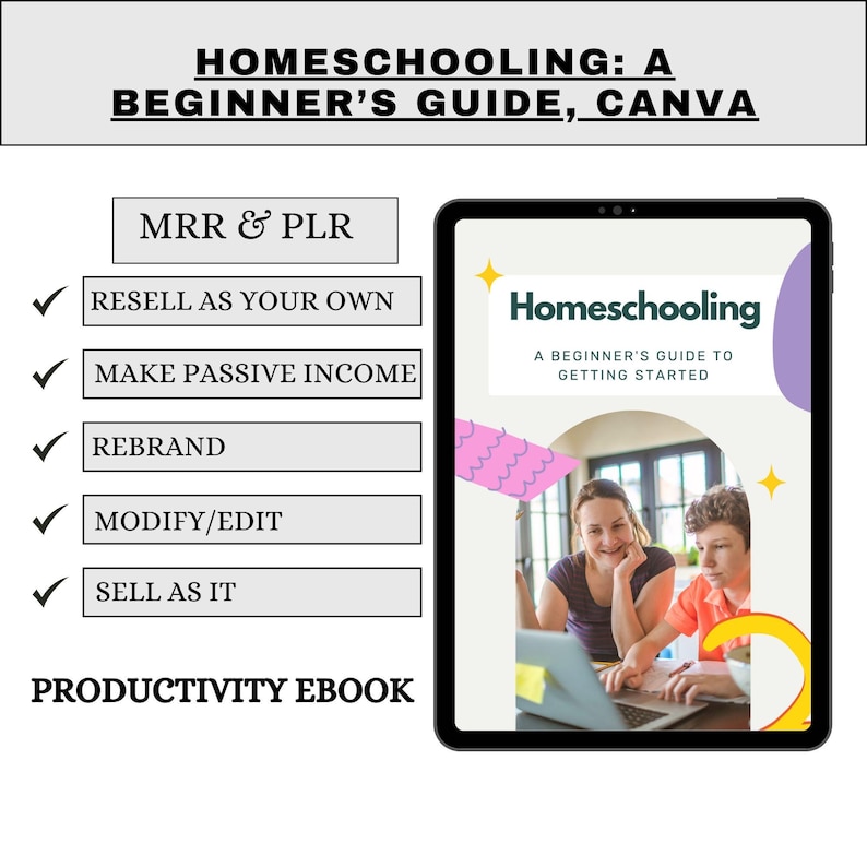 Puede incluir: Una tableta digital muestra un ebook titulado "Homeschooling: A Beginner's Guide to Getting Started". La imagen incluye texto sobre reventa, ingresos pasivos, cambio de marca y edici&oacute;n. El ebook se clasifica como un ebook de productividad.