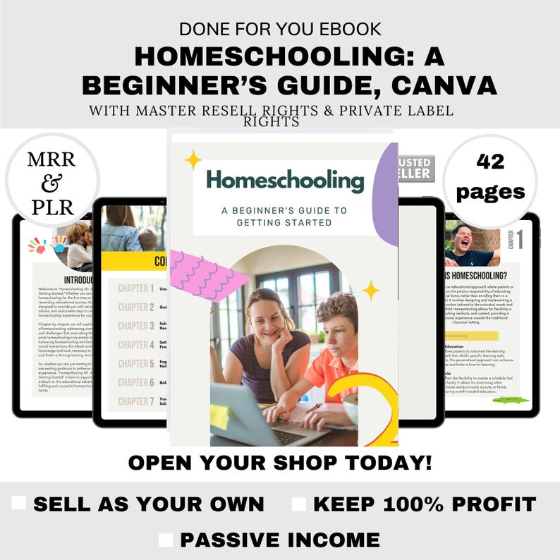 Puede incluir: Una portada de libro electr&oacute;nico titulada "Homeschooling: A Beginner's Guide, Canva" con el texto "Done for You Ebook" y "Master Resell Rights & Private Label Rights". La imagen muestra una computadora port&aacute;til con dos personas, y el texto "Open Your Shop Today!" est&aacute; en la parte inferior.