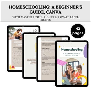 Puede incluir: Una gu&iacute;a digital titulada "Homeschooling: A Beginner's Guide" que se muestra en varias tabletas. La gu&iacute;a incluye informaci&oacute;n sobre la selecci&oacute;n del plan de estudios, el establecimiento de rutinas y la flexibilidad. La portada presenta a una mujer y un ni&ntilde;o usando una computadora port&aacute;til. La gu&iacute;a tiene 42 p&aacute;ginas.