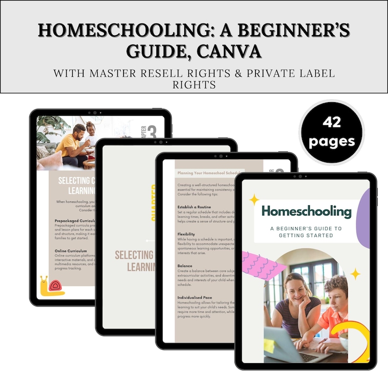 Puede incluir: Una gu&iacute;a digital titulada "Homeschooling: A Beginner's Guide" que se muestra en varias tabletas. La gu&iacute;a incluye informaci&oacute;n sobre la selecci&oacute;n del plan de estudios, el establecimiento de rutinas y la flexibilidad. La portada presenta a una mujer y un ni&ntilde;o usando una computadora port&aacute;til. La gu&iacute;a tiene 42 p&aacute;ginas.