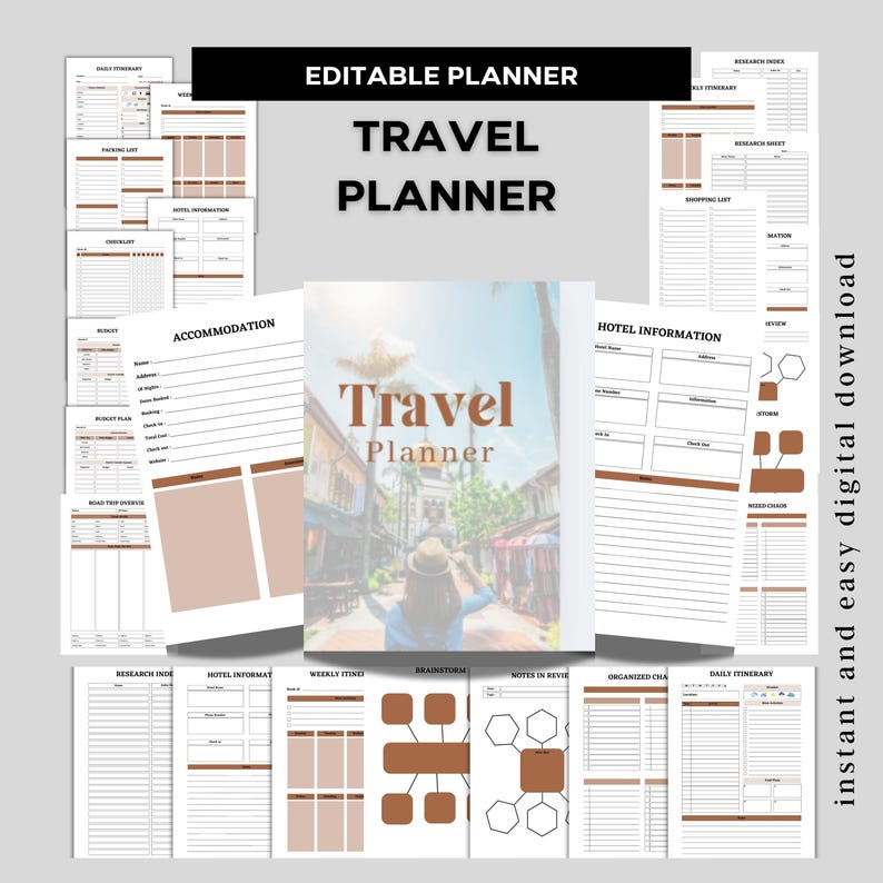 May include: A travel planner with a cover featuring a person looking at a street scene. The planner includes pages for accommodation, hotel information, and daily itineraries. The text "Travel Planner" is prominently displayed. The words "Editable Planner" and "instant and easy digital download" are also visible.