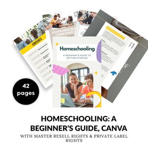 Puede incluir: Un conjunto de gu&iacute;as educativas tituladas "Homeschooling: A Beginner's Guide, Canva" con 42 p&aacute;ginas. La portada presenta a una mujer y un ni&ntilde;o usando una computadora port&aacute;til. Las gu&iacute;as incluyen cap&iacute;tulos sobre temas de educaci&oacute;n en casa.