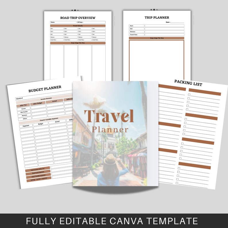 May include: A travel planner with a cover featuring a person looking at a street scene. The planner is surrounded by pages for a road trip overview, trip planning, budget planning, and a packing list. The text "Travel Planner" is on the cover. The text "FULLY EDITABLE CANVA TEMPLATE" is at the bottom.