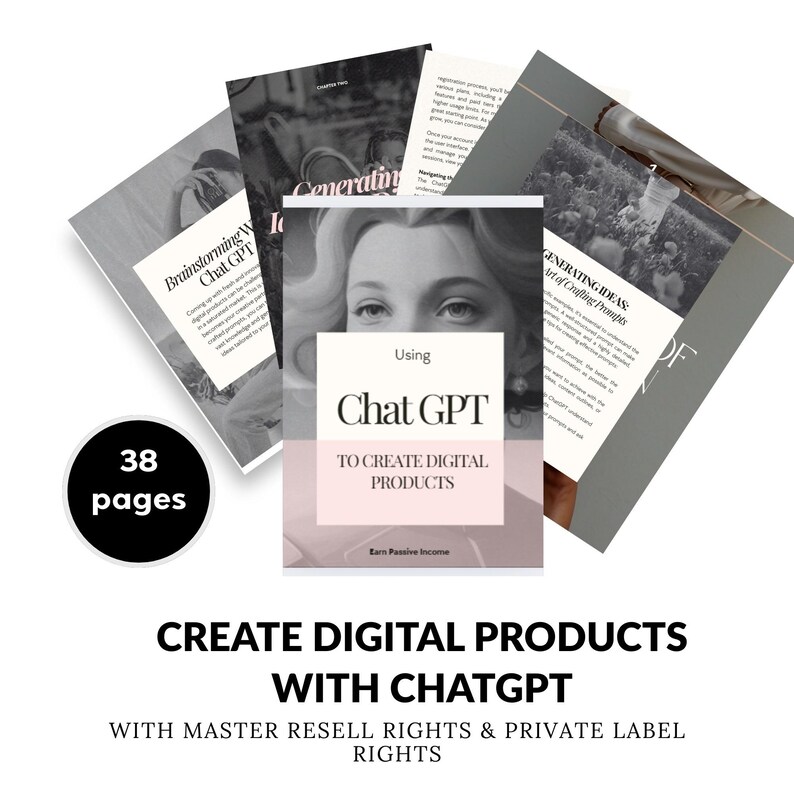 K&ouml;nnte beinhalten: Ein Stapel Informationsbrosch&uuml;ren mit dem Titel "Erstellen Sie digitale Produkte mit Chat GPT". Das Cover zeigt ein Frauenportr&auml;t und den Text "Verwenden von Chat GPT zur Erstellung digitaler Produkte". Ein schwarzer Kreis zeigt "38 Seiten."
