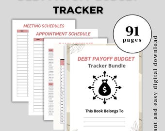 May include: A stack of printable planner pages for debt payoff, including meeting and appointment schedules, and a bank account tracker. The cover of the "Debt Payoff Budget Tracker Bundle" has a money bag graphic and says "This Book Belongs To". The bundle is 91 pages.