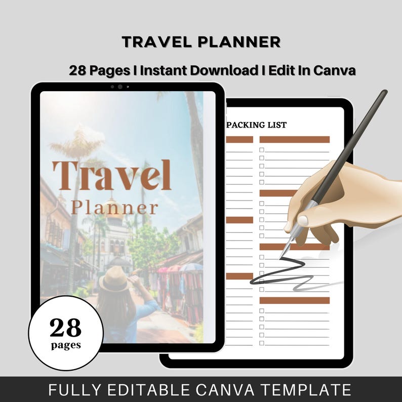 May include: A digital travel planner displayed on a tablet, featuring a cover with the text "Travel Planner" and an image of a person. The planner includes a packing list and the text "28 pages". The text "FULLY EDITABLE CANVA TEMPLATE" is also visible.