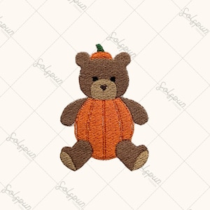 May include: Embroidered patch of a teddy bear in a pumpkin costume. The bear is brown with an orange pumpkin body. A small green stem sits on the bear's head. Ideal for autumn or Halloween-themed crafts, this patch is a charming seasonal design.