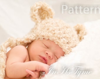 PDF CROCHET PATTERN Fuzzy Bear Earflap Beanie Newborn 0-3 and 3-6 Months Instant Download