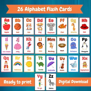 Puede incluir: Juego de 26 tarjetas didácticas del alfabeto con ilustraciones coloridas. Cada tarjeta presenta una letra, una imagen y la palabra correspondiente. Incluye imágenes de manzana, pelota, gato, perro, elefante, pez, jirafa y sombrero.