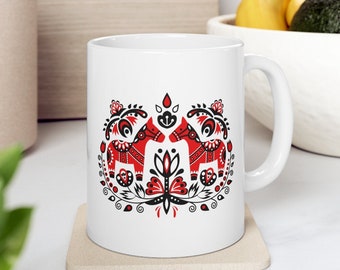 Dala Horses Folk Ornament Coffee Tea Hot Chocolate Ceramic Mug 11oz