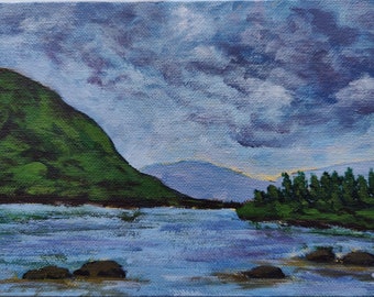 Mountain View Landscape Irish Lake Scenery Moody Sky Painting made on canvas board (5.8 x 8.3 inches) Fine Art by Vera Staha