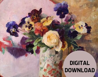 Vintage Flowers, Violets in Japanese Vase Print, Floral Still Life Oil Painting, Printable Wall Art, Digital Download, Botanical Wall Decor