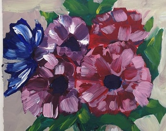 Blumen in einer Vase, Blumenstrauß, Abstrakte Kunst, Acrylmalerei auf A4 Papier (ca. 20x11)