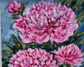 Pink Peonies Flowers Acrylic Floral Painting on A5 size paper (5.8 x 7.6 inches) Fine Art by Vera Staha