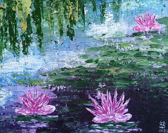 Water lilies Monet inspired Acrylic painting made on canvas Lily Pond Water Flowers Abstract Painting Impressionism style FREE SHIPPING