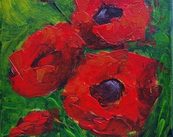 7x9” Acrylic Painting, Poppies Mini Canvas Painting, Expressionist Painting, Modern Abstract Red Flowers, Small Canvas Art by Vera Staha