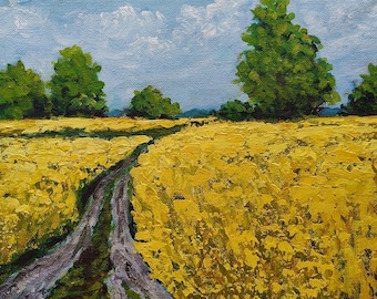 Yellow field, Nature Wall Art, Original Landscape Painting on canvas 24x30cm approx. 9x12 by Vera Staha