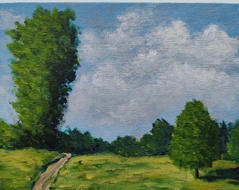 Summer in Finland Landscape, Original Countryside Road Art, Cottagecore Green Fields Acrylic Painting by Vera Staha
