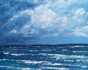 Cloudy Ocean, Stormy sea Wall Art, Original Seascape Painting on canvas 40x40cm approx. 16x16 by Vera Staha