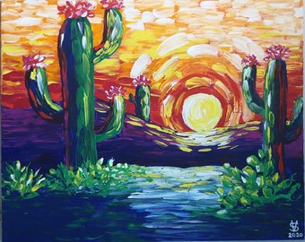 Cactuses in the Sunrise, Frida Kahlo inspired, Martiros Saryan inspired, Acrylic Abstract painting made on canvas board