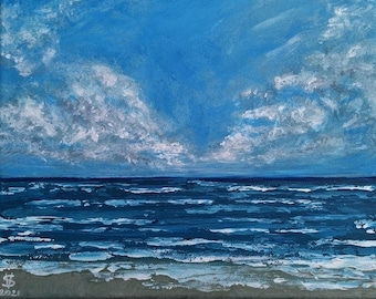 Cloudy Ocean, Beach Wall Art, Original Seascape Painting on canvas 24x30cm approx. 9x12 by Vera Staha