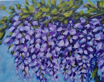 Wisteria Acrylic Flower Painting Original Loose Floral Art on Canvas board size 18 x 24cm (approx. 7 x 9 inches) Fine Art by Vera Staha