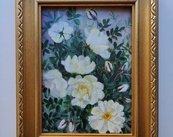 1994 Vintage Still Life White Flowers Painting Acrylic Floral Art in Original Frame