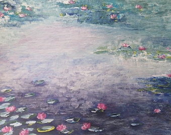 Water lilies, Monet inspired acrylic painting, made on A4 size paper(approx. 8x11), Lily Pond, Abstract Painting, Impressionism style