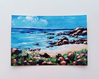 4x6” Original Acrylic Painting Small Loose Abstract Seascape made on postcard size cardboard Modern Mini Art by Vera Staha