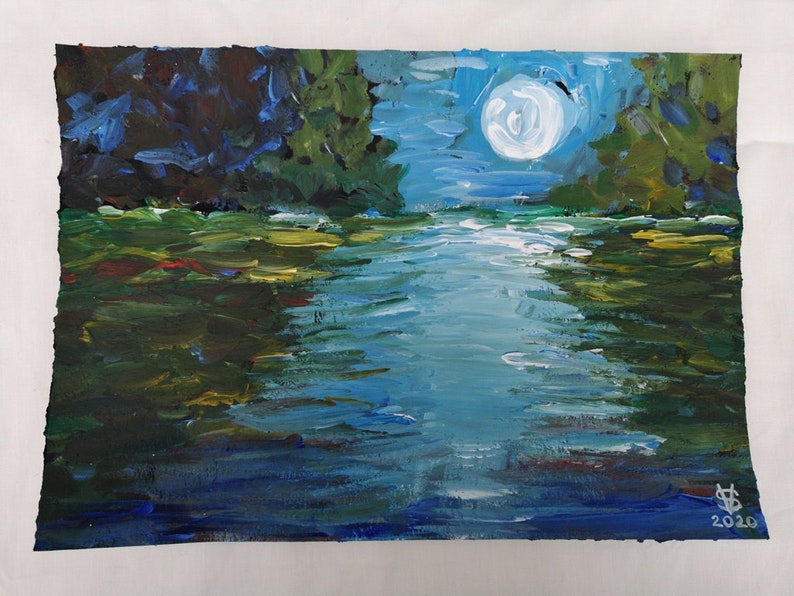 Abstract art approx.8x11 Acrylic painting made on  A4 size paper Night landscape