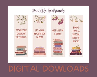 Florals and Books, Pack of 4 Printable Bookmarks, Digital Bookmark Download, Spring Botanical Bookmark Set, Garden lover, Bookworm gift