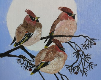 Waxwings in the moonlight, Original abstract painting, acrylic, made on canvas panel, size 30 x 24 cm, approx. 9x12
