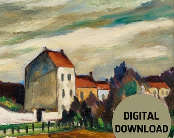 Colorful Urban Landscape, Vintage Town Landscape, Cityscape Oil Painting, Printable Wall Art, Digital Download, Nature Wall Decor