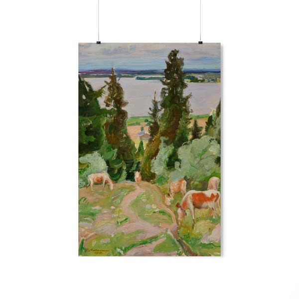 Vintage 1918 Finnish Countryside Painting Cows in Väisälänmäki by Pekka Halonen Premium Matte Vertical Posters