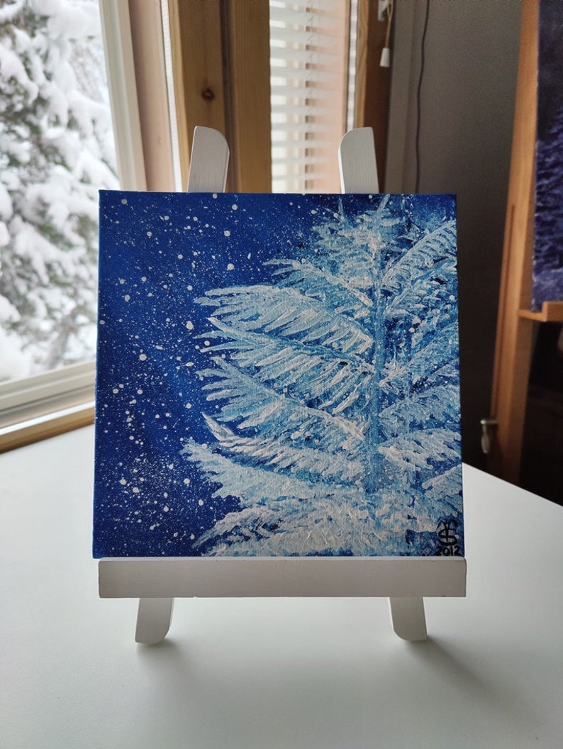 First Snow Original Abstract Painting Acrylic Winter Scenery Artwork made on canvas panel size 20 x 20cm 8x8 inches image 8