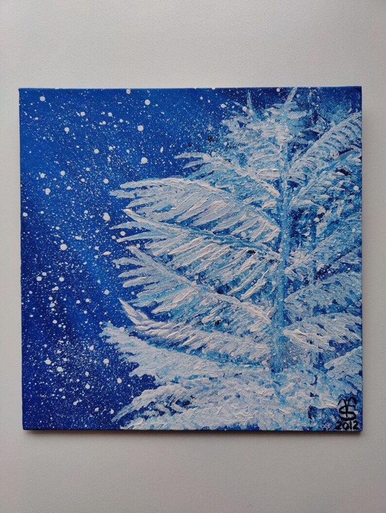 First Snow Original Abstract Painting Acrylic Winter Scenery Artwork made on canvas panel size 20 x 20cm 8x8 inches image 1